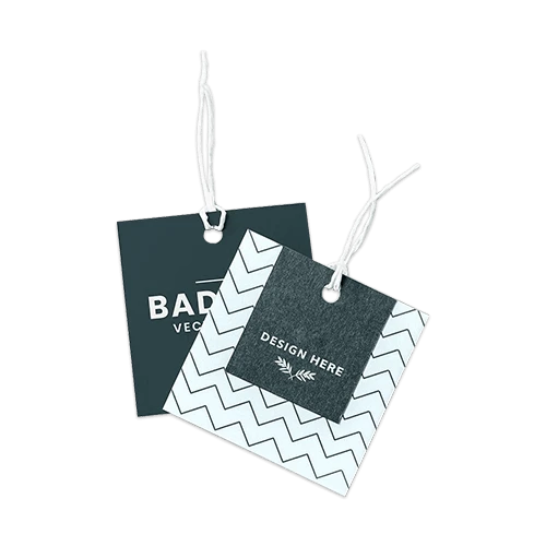 Square-shaped clothing tags with white elastic string for secure attachment with clothes