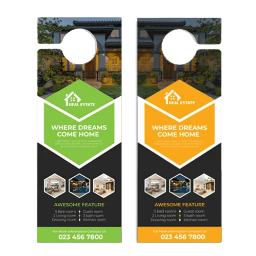 Custom door hanger advertising a home business, featuring a home picture and corporate logo