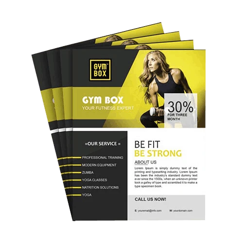 Branded flyers for a gym brand, including full color printing, membership benefits and contact information