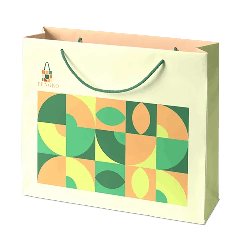 Colorful printed gift shopping bag with matching handles, ideal takeaway packaging solution for apparel brands