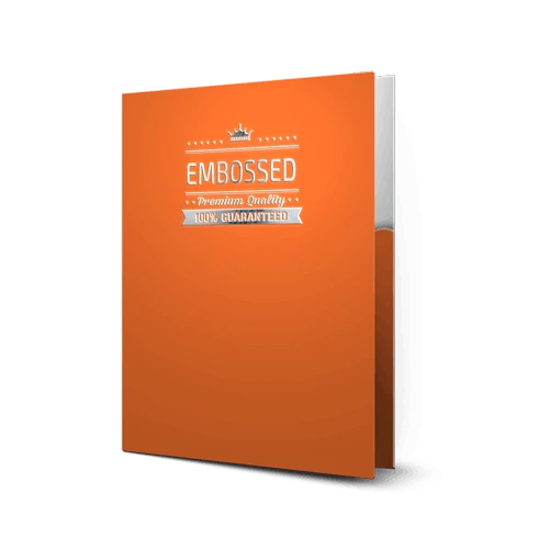 Orange presentation folders with embossed logo and foiling