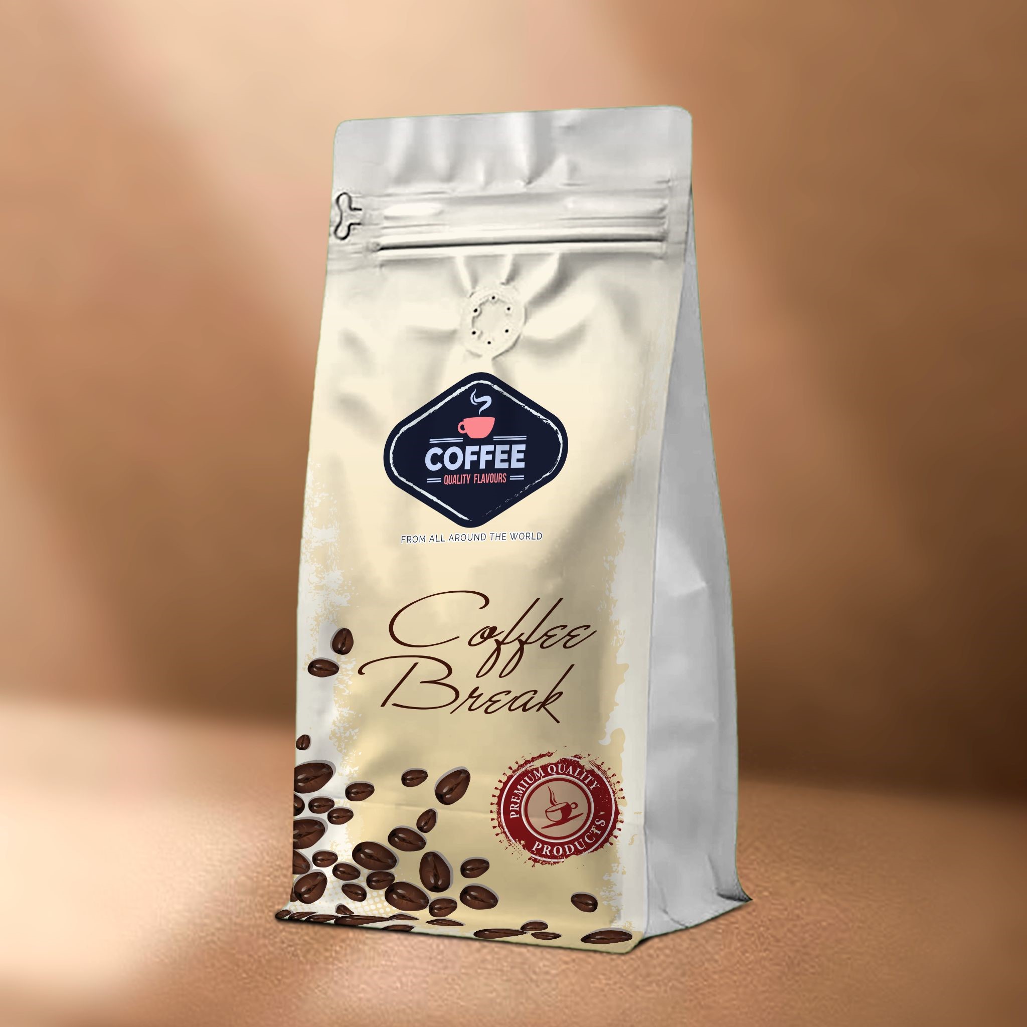 Coffee stand-up pouch with custom printing, resealable zipper, gussets, and degassing valve