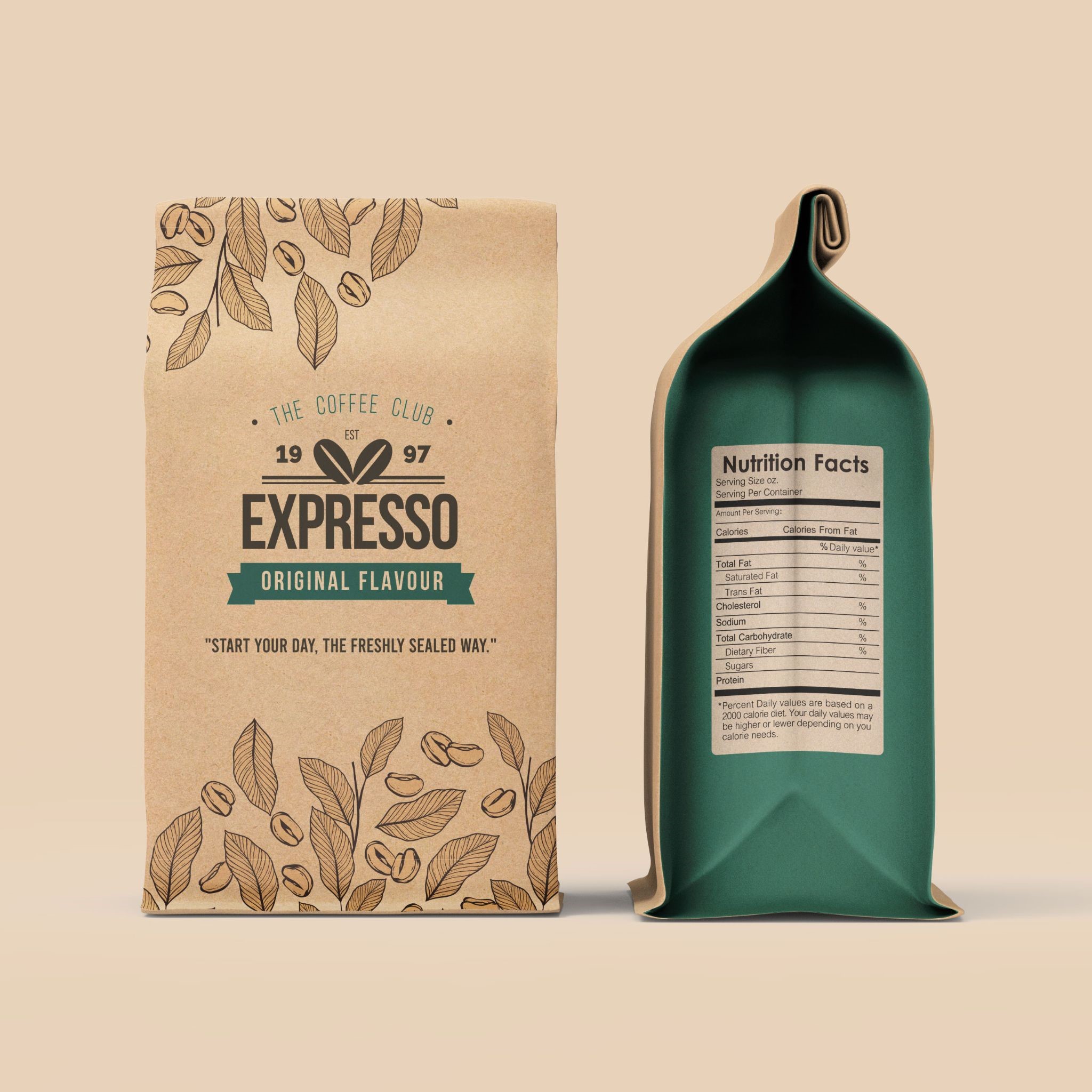 Recyclable kraft coffee pouch with custom printing